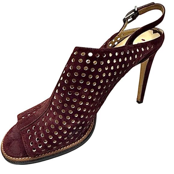 Via Spiga Tasa Burgundy Suede Peep Toe High Heel Shoes Size 10 Medium Pre-Owned - Picture 2 of 11